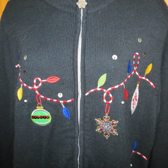Nouveaux Women's Christmas Sweater Black Zip Ornaments Holiday Size Large - Picture 4 of 10